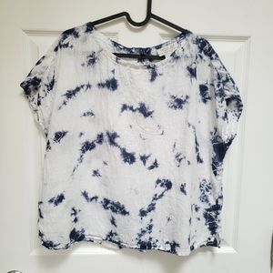 Rachel Zoe Blue White Tie Dye Linen Short Sleeve Button Back Blouse